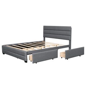 Upholstered Queen Size Platform Bed With Trundle And Two Drawers