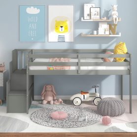 Twin Loft Bed With Staircase and Guardrail