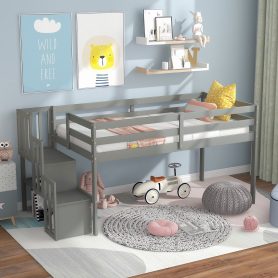 Twin Loft Bed With Staircase and Guardrail