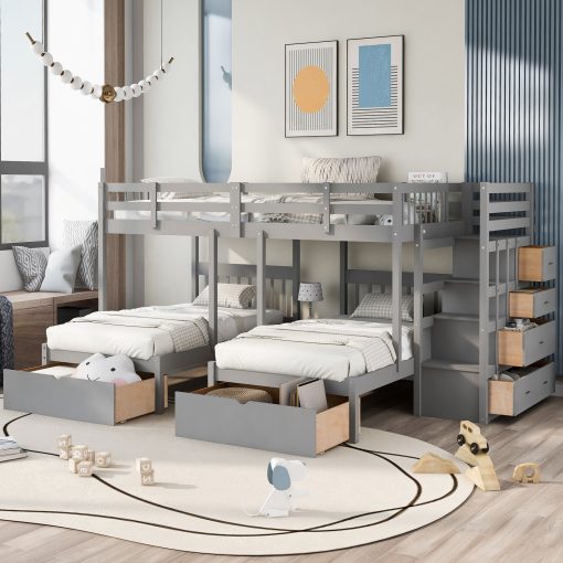 Full Over Twin & Twin Bunk Bed With Drawers And Guardrails