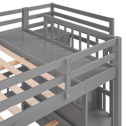 Full Over Twin & Twin Bunk Bed With Drawers And Guardrails