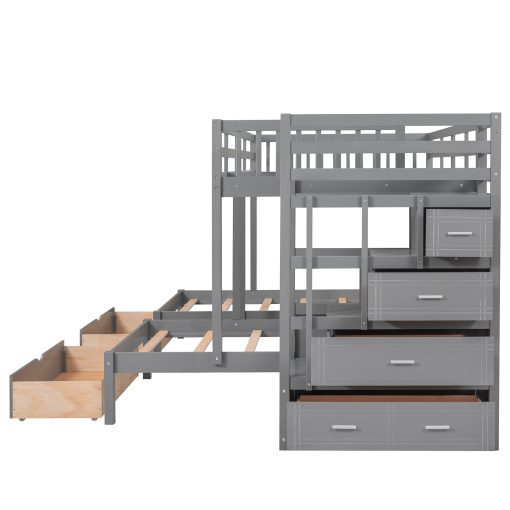 Full Over Twin & Twin Bunk Bed With Drawers And Guardrails