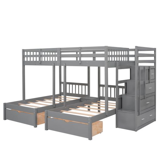 Full Over Twin & Twin Bunk Bed With Drawers And Guardrails
