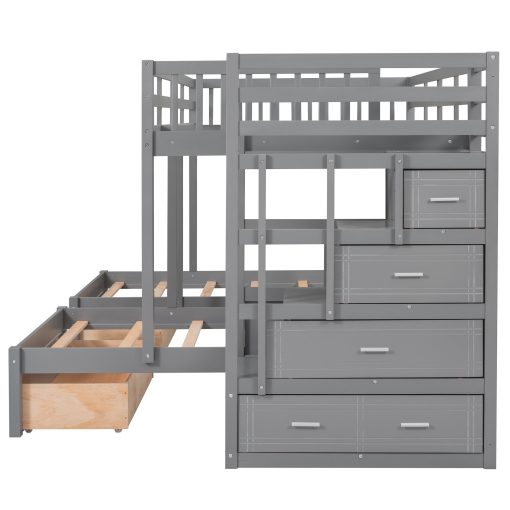 Full Over Twin & Twin Bunk Bed With Drawers And Guardrails