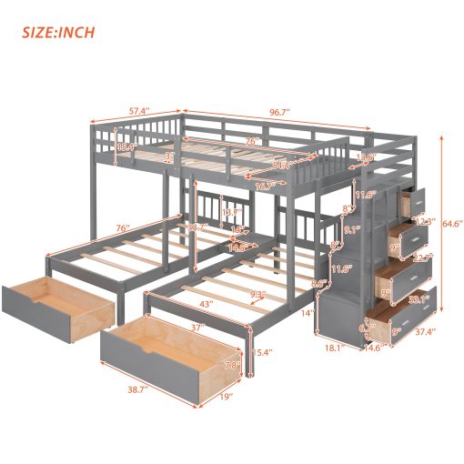 Full Over Twin & Twin Bunk Bed With Drawers And Guardrails