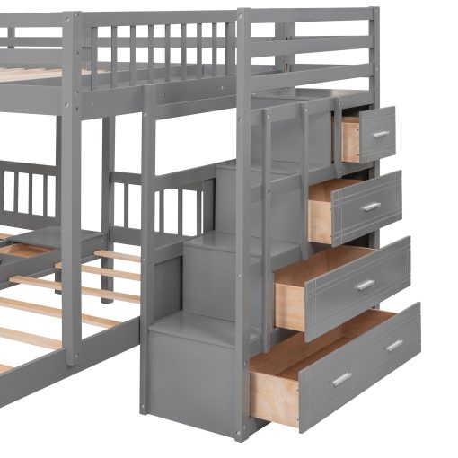 Full Over Twin & Twin Bunk Bed With Drawers And Guardrails