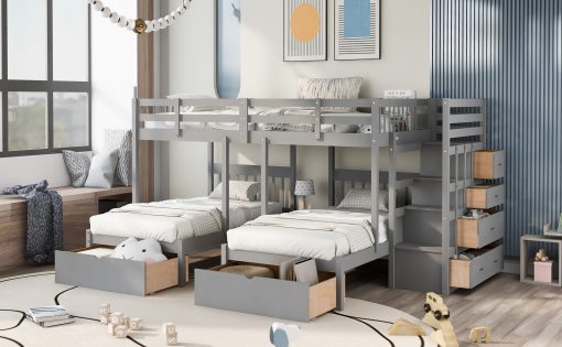 Full Over Twin & Twin Bunk Bed With Drawers And Guardrails