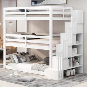 Separate Design Twin over Twin over Twin Bunk Bed with Storage Staircase