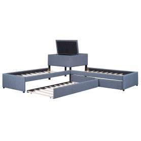 L-Shaped Upholstered Platform Bed With Trundle And Two Drawers Linked With Built-in Desk, Twin