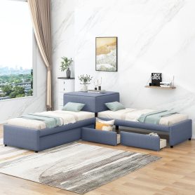 L-Shaped Upholstered Platform Bed With Trundle And Two Drawers Linked With Built-in Desk, Twin