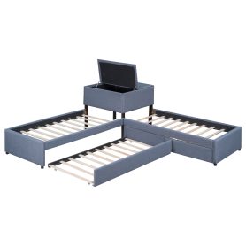 L-Shaped Upholstered Platform Bed With Trundle And Two Drawers Linked With Built-in Desk, Twin