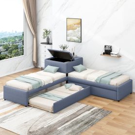 L-Shaped Upholstered Platform Bed With Trundle And Two Drawers Linked With Built-in Desk, Twin