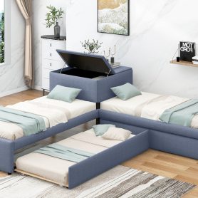 L-Shaped Upholstered Platform Bed With Trundle And Two Drawers Linked With Built-in Desk, Twin