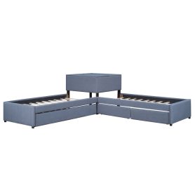 L-Shaped Upholstered Platform Bed With Trundle And Two Drawers Linked With Built-in Desk, Twin