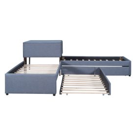 L-Shaped Upholstered Platform Bed With Trundle And Two Drawers Linked With Built-in Desk, Twin
