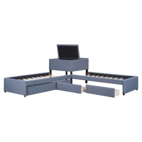L-Shaped Upholstered Platform Bed With Trundle And Two Drawers Linked With Built-in Desk, Twin