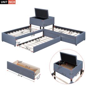 L-Shaped Upholstered Platform Bed With Trundle And Two Drawers Linked With Built-in Desk, Twin