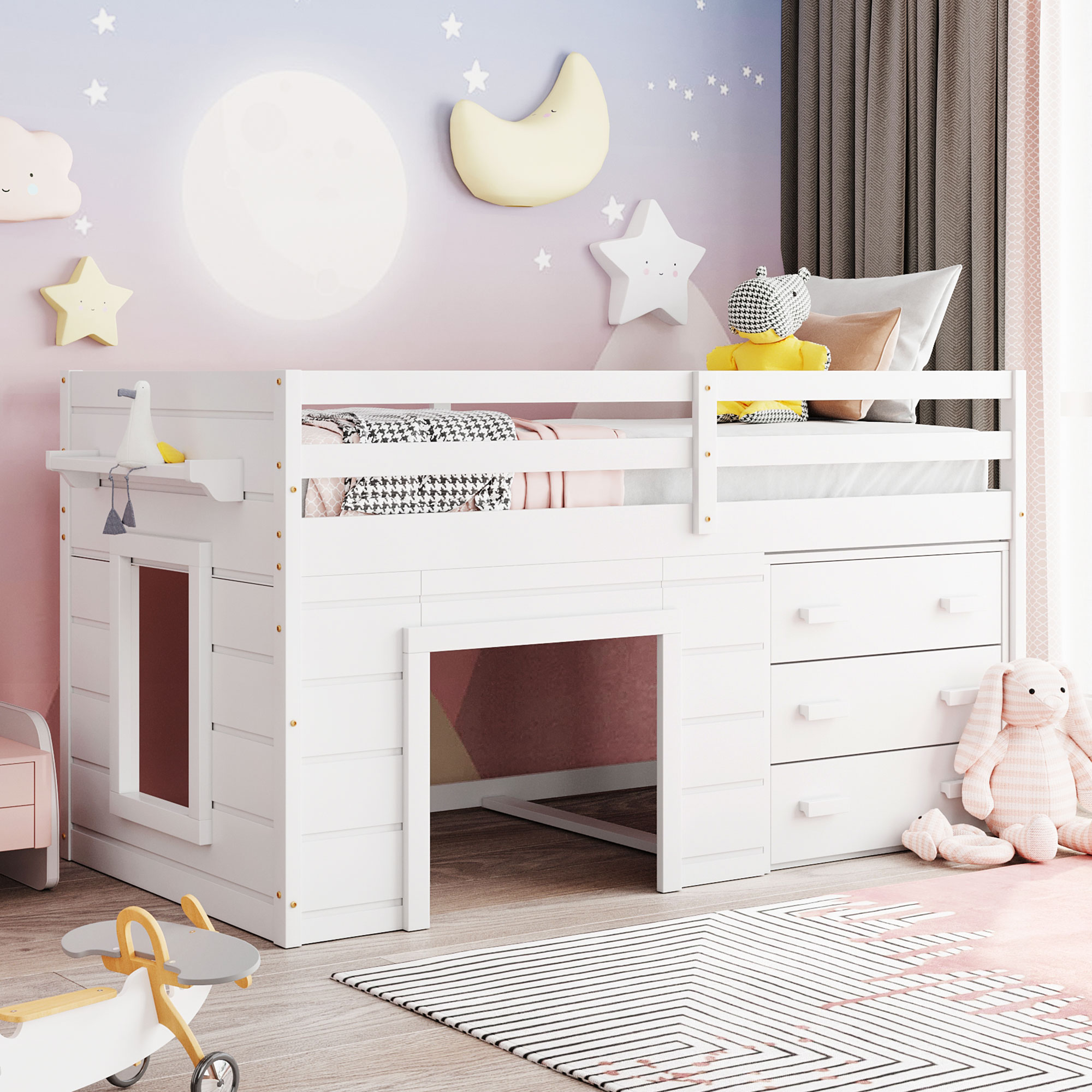 Solid Wood Twin Size Loft Bed With Cabinet And Shelf