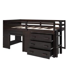 Solid Wood Twin Size Loft Bed With Cabinet And Shelf