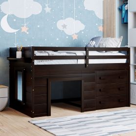Solid Wood Twin Size Loft Bed With Cabinet And Shelf