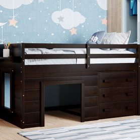 Solid Wood Twin Size Loft Bed With Cabinet And Shelf