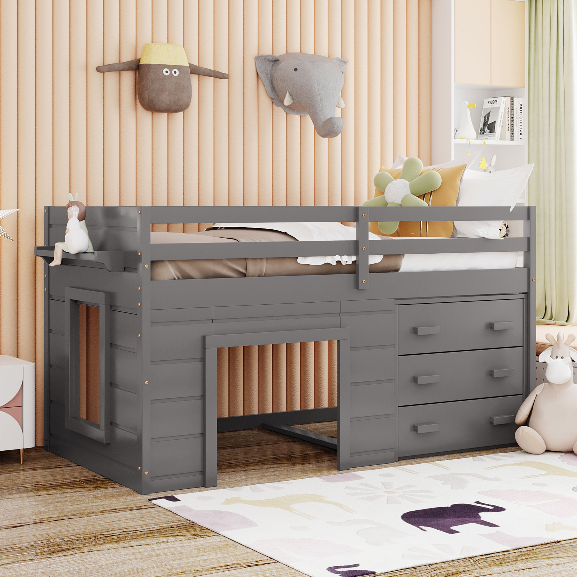 Solid Wood Twin Size Loft Bed With Cabinet And Shelf