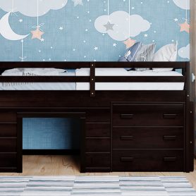 Solid Wood Twin Size Loft Bed With Cabinet And Shelf