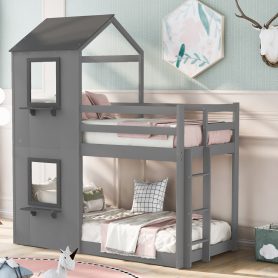 Solid Wood Twin Over Twin Bunk Bed With Roof, Window, Guardrail and Ladder