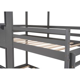 Solid Wood Twin Over Twin Bunk Bed With Roof, Window, Guardrail and Ladder
