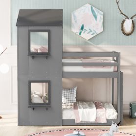Solid Wood Twin Over Twin Bunk Bed With Roof, Window, Guardrail and Ladder