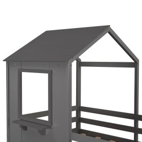 Solid Wood Twin Over Twin Bunk Bed With Roof, Window, Guardrail and Ladder