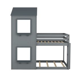 Solid Wood Twin Over Twin Bunk Bed With Roof, Window, Guardrail and Ladder
