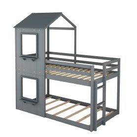 Solid Wood Twin Over Twin Bunk Bed With Roof, Window, Guardrail and Ladder