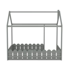 House Twin Size Wood Bed Frame With Fence, Slats Are Not Included