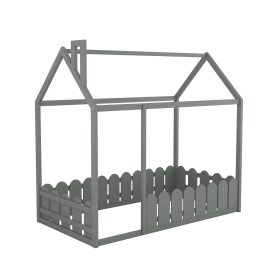 House Twin Size Wood Bed Frame With Fence, Slats Are Not Included