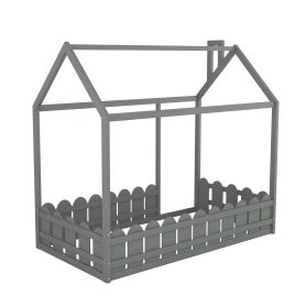 House Twin Size Wood Bed Frame With Fence, Slats Are Not Included