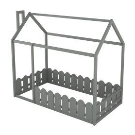 House Twin Size Wood Bed Frame With Fence, Slats Are Not Included