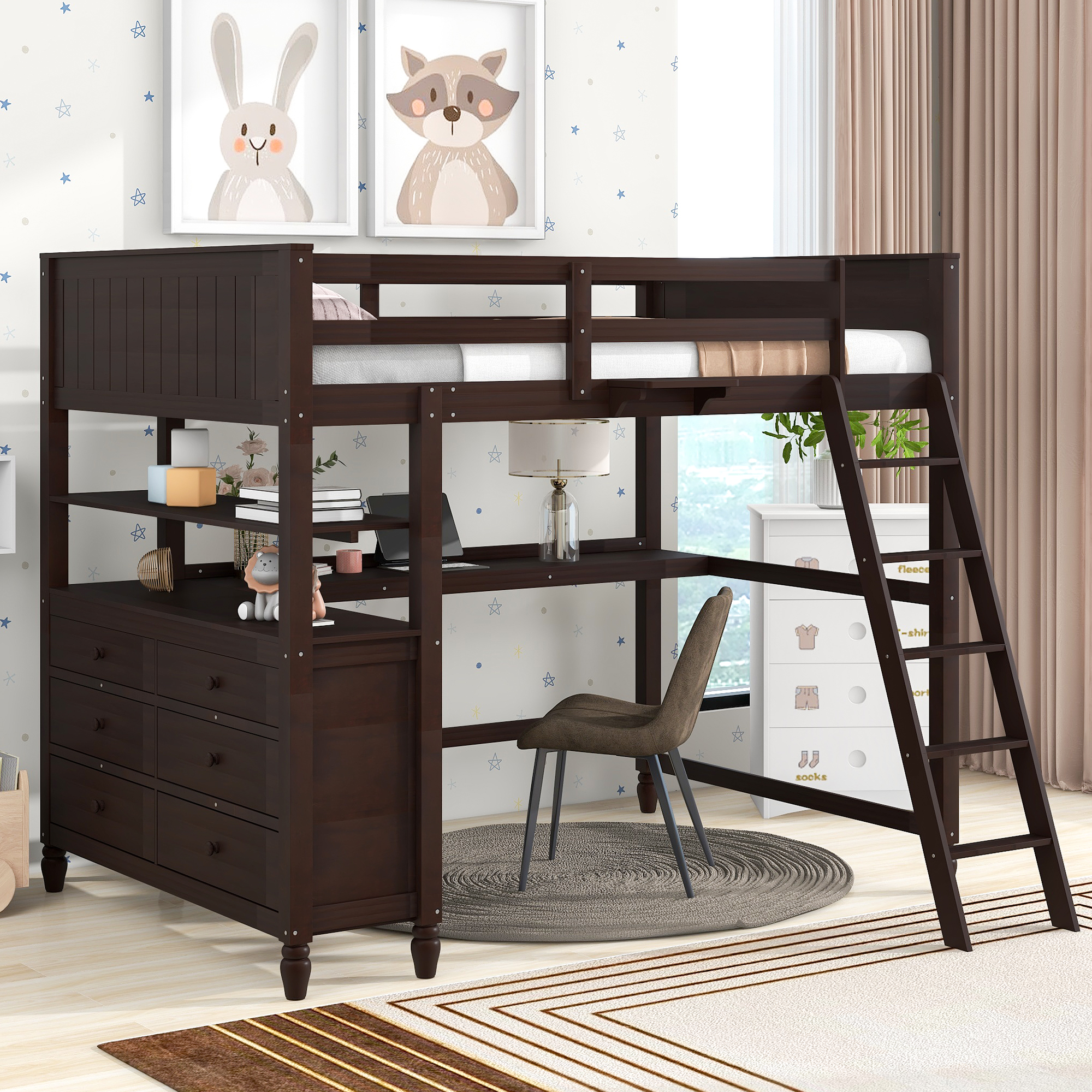 Wooden Full Size Loft Bed With Shelves, Drawers And Desk
