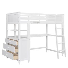 Wooden Twin Size Loft Bed with Drawers, Desk, and Shelves