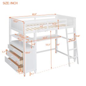 Wooden Twin Size Loft Bed with Drawers, Desk, and Shelves