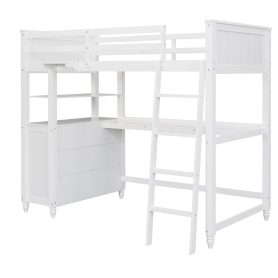Wooden Twin Size Loft Bed with Drawers, Desk, and Shelves