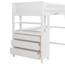 Wooden Twin Size Loft Bed with Drawers, Desk, and Shelves