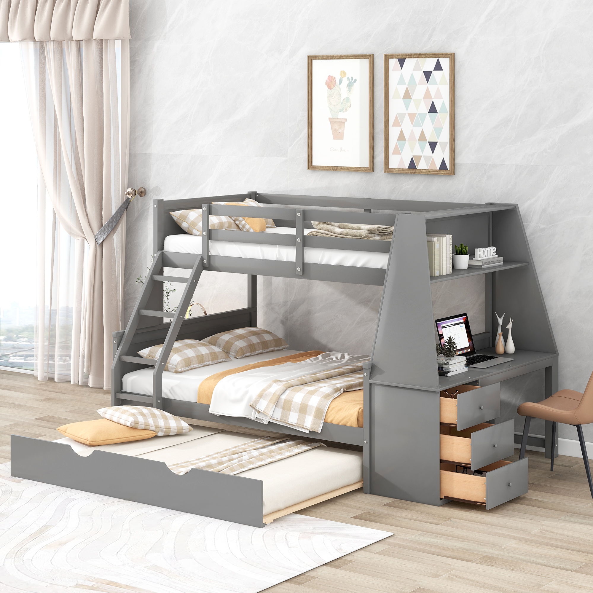 Twin over Full Bunk Bed with Trundle and Built-in Desk, Three Storage Drawers and Shelf