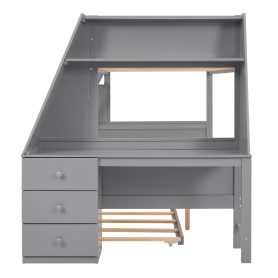 Twin over Full Bunk Bed with Trundle and Built-in Desk, Three Storage Drawers and Shelf
