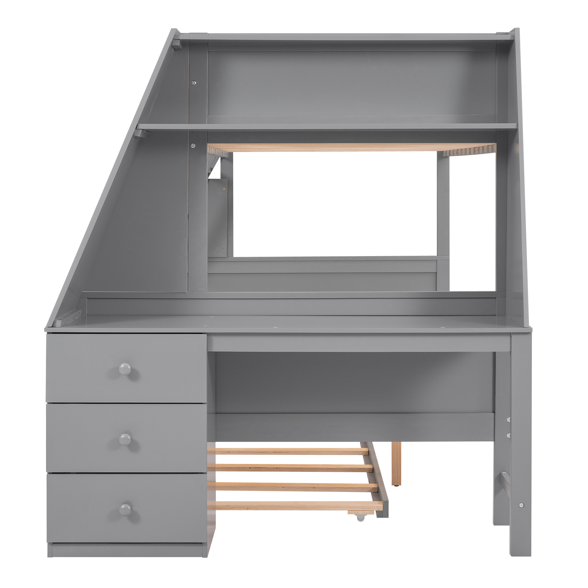 Twin over Full Bunk Bed with Trundle and Built-in Desk, Three Storage Drawers and Shelf