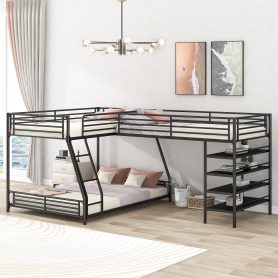 L-Shaped Metal Twin over Full Bunk Bed and Twin Size Loft Bed with Four Built-in Shelves