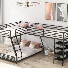 L-Shaped Metal Twin over Full Bunk Bed and Twin Size Loft Bed with Four Built-in Shelves 15 L-Shaped Metal Twin over Full Bunk Bed and Twin Size Loft Bed with Four Built-in Shelves