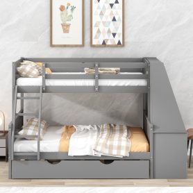 Twin over Full Bunk Bed with Trundle and Built-in Desk, Three Storage Drawers and Shelf