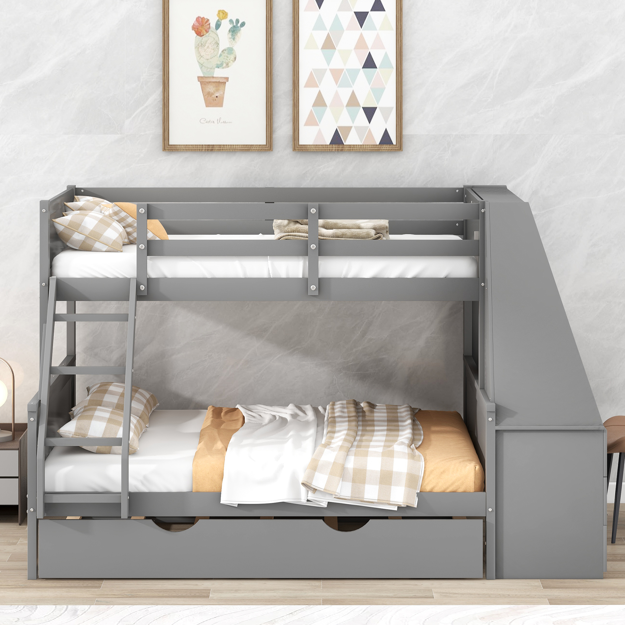 Twin over Full Bunk Bed with Trundle and Built-in Desk, Three Storage Drawers and Shelf