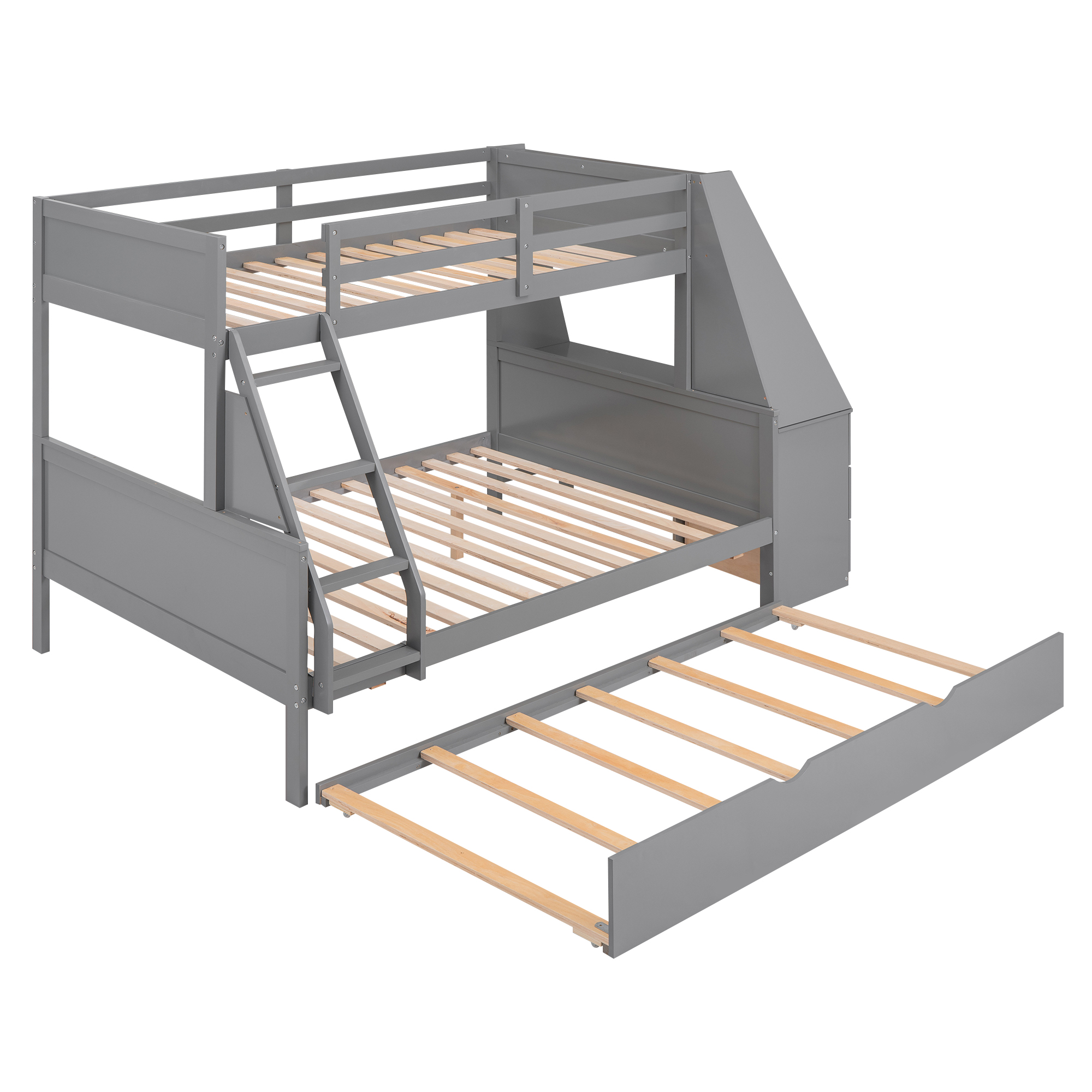 Twin over Full Bunk Bed with Trundle and Built-in Desk, Three Storage Drawers and Shelf